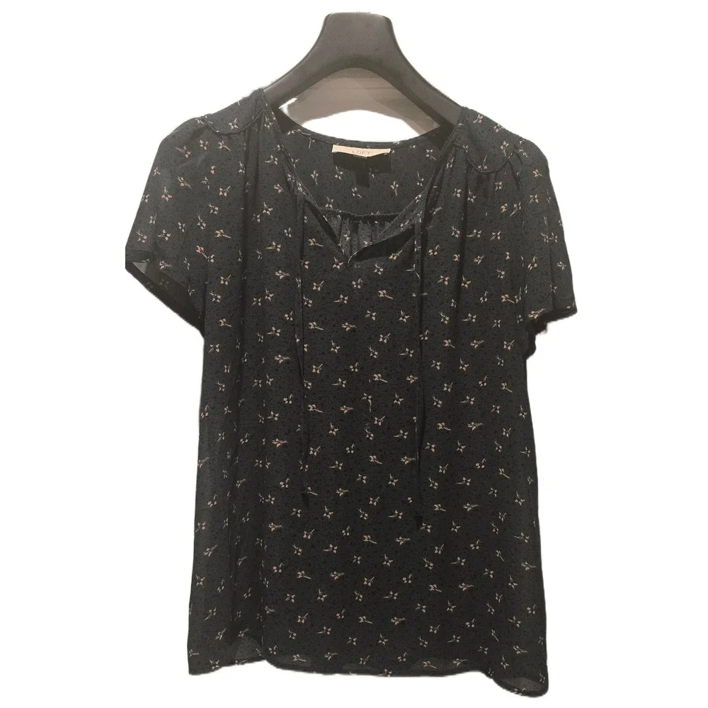 Ann Taylor LOFT Women Large Floral Tie‎ Neck Short Sleeve Blouse Black Navy Top